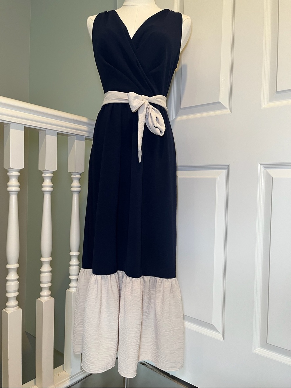 DKNY Navy Midi Dress with Cream Tie and Hem Ruffle Colorblock Elegant Old Money